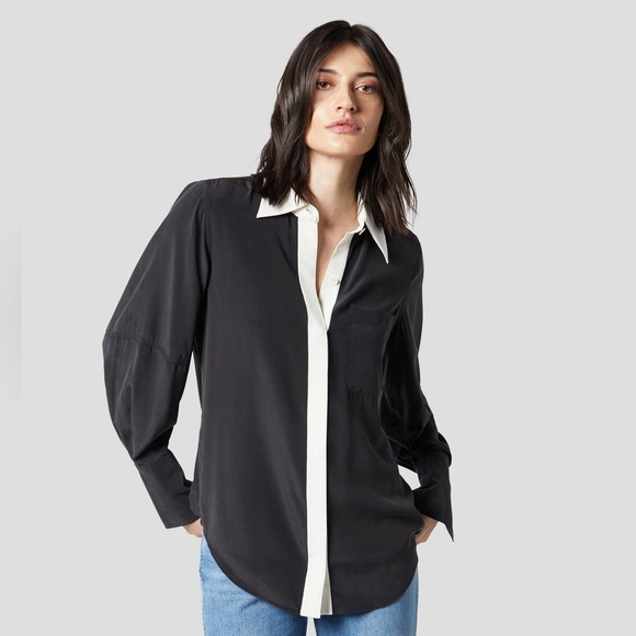 Equipment Tops - Equipment Femme | S True Black White Voisier Silk Shirt Collar Cuffs Button Down
